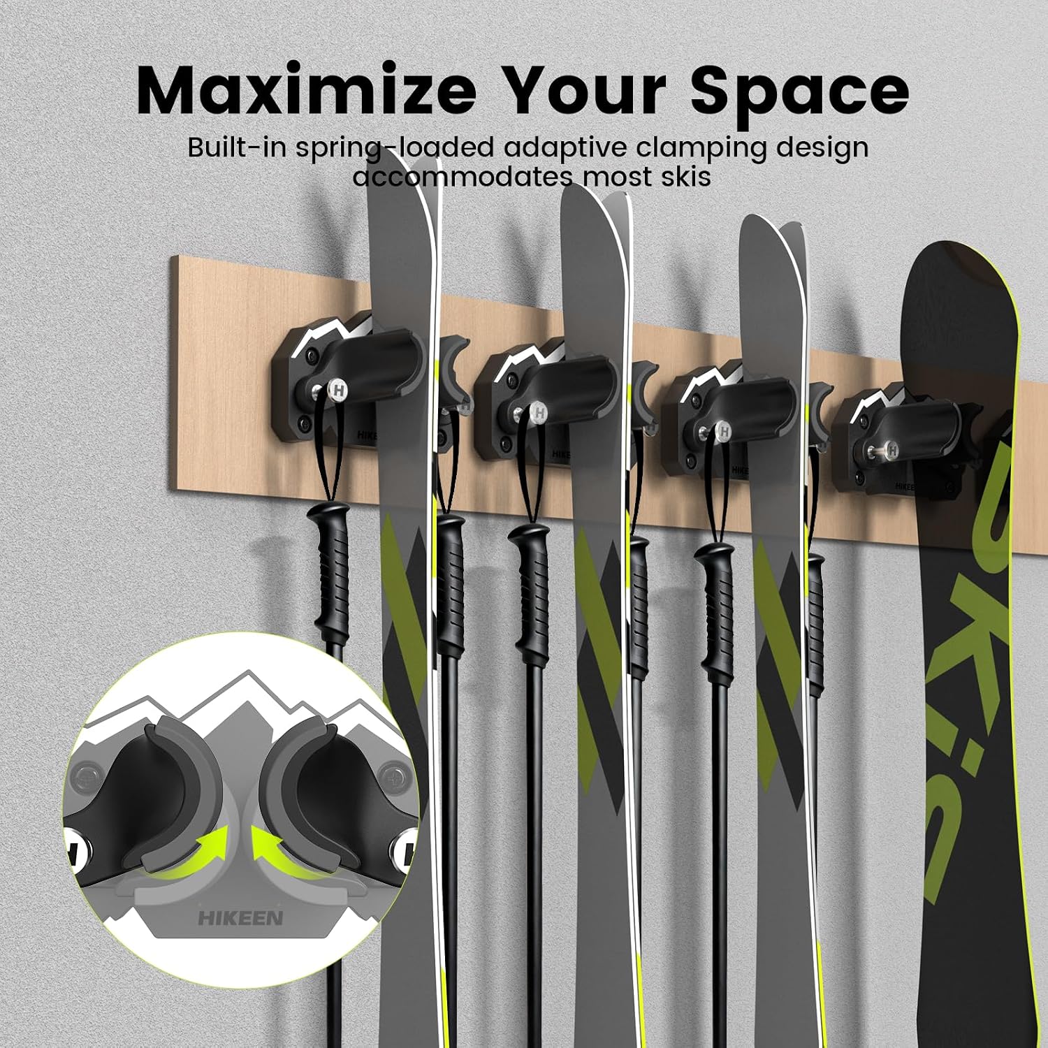 Hikeen Ski & Snowboard Wall Mount,Fits Any Ski or Snowboard, Ski Wall Rack Non-Slip Storage for Garage Organization,Space-Saving Winter Gear Organizer,2 Pack