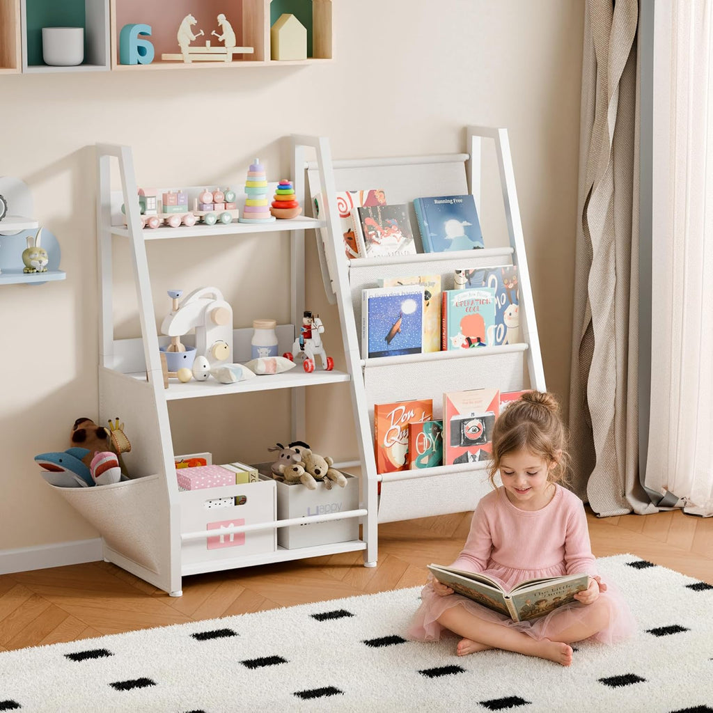 Kids Bookshelf and Toy Storage Organizer, 3-Tier Metal Toddler Bookcase with Deep Pockets, 2-in-1 Freestanding Nursery Bookshelf for Playroom, 29.53" D x 11.81" W x 32.68" H, White