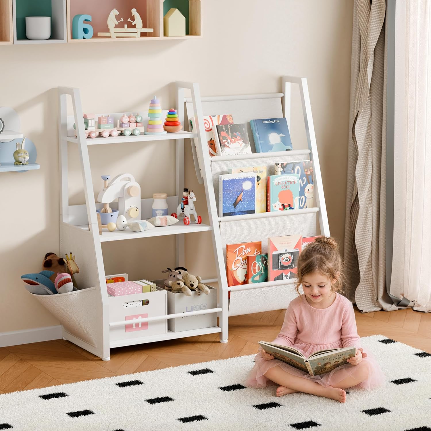 Kids Bookshelf and Toy Storage Organizer, 3-Tier Metal Toddler Bookcase with Deep Pockets, 2-in-1 Freestanding Nursery Bookshelf for Playroom, 29.53" D x 11.81" W x 32.68" H, White