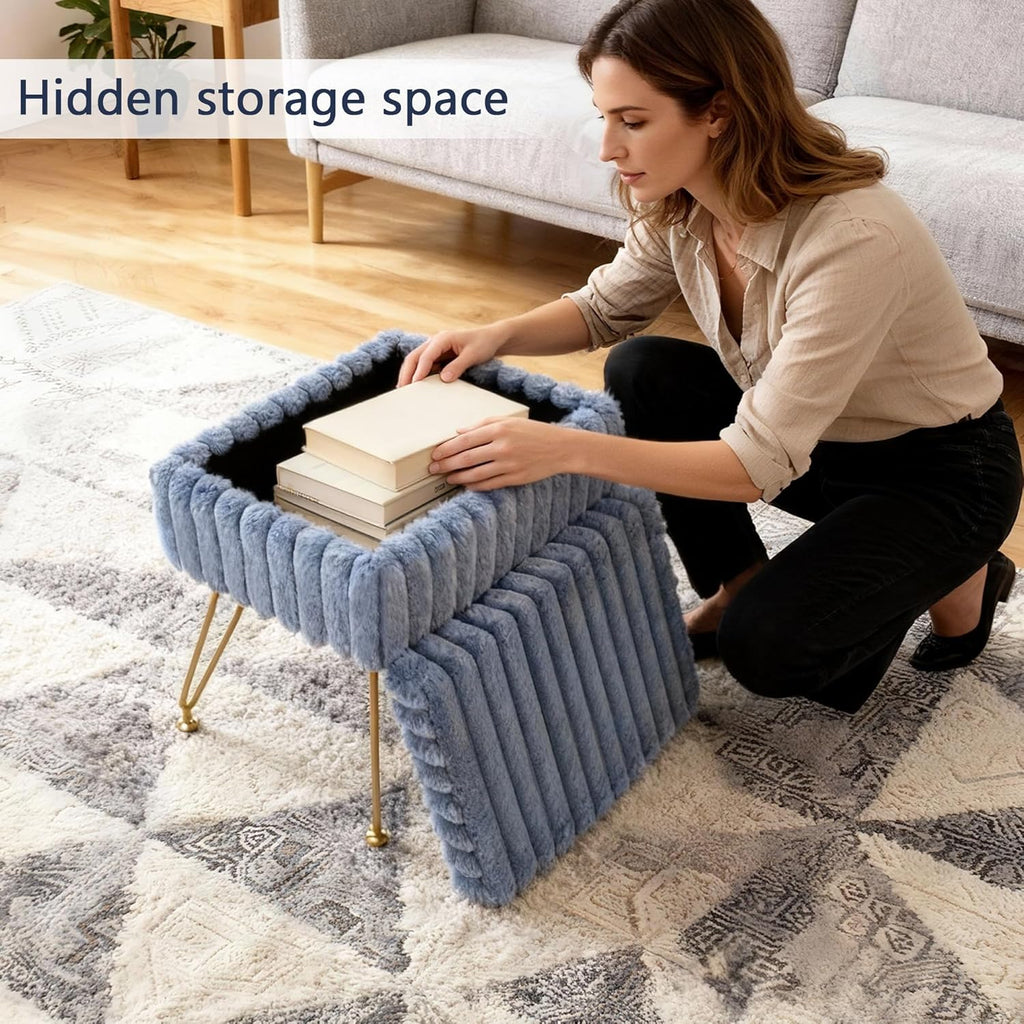 Vanity Stool Chair with Storage, Faux Fur Soft Padded Ottoman with Coffee Table, Modern Vanity Chair Fluffy Footstool with Metal Legs for Makeup, Living Room,Bedroom Blue