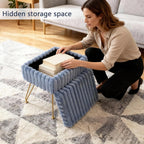 Vanity Stool Chair with Storage, Faux Fur Soft Padded Ottoman with Coffee Table, Modern Vanity Chair Fluffy Footstool with Metal Legs for Makeup, Living Room,Bedroom Blue