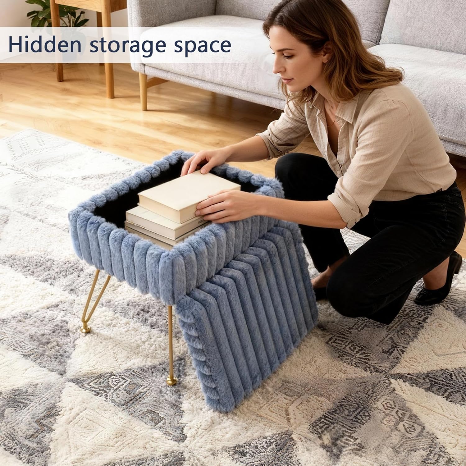 Vanity Stool Chair with Storage, Faux Fur Soft Padded Ottoman with Coffee Table, Modern Vanity Chair Fluffy Footstool with Metal Legs for Makeup, Living Room,Bedroom Blue