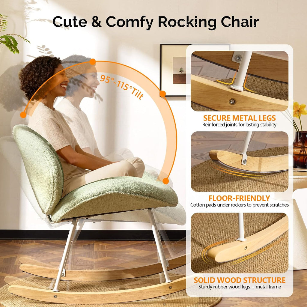VINGLI 25.6" Extra Wide Criss Cross Nursery Rocking Chair,Cute Curved 115° Reclining Armless Glider,Teddy Small Rocker w/Pillow & Solid Wood for Indoor,Bedroom, Living Room,Teddy Fleece,Seafoam Green
