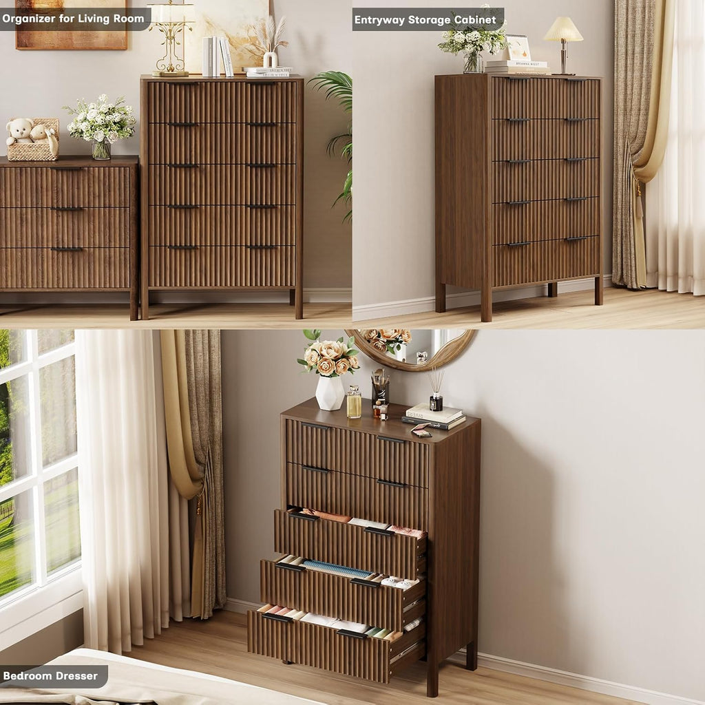 47 Inch Tall Dressers for Bedroom Fluted 5 Drawer Dresser, Wooden Dresser Modern Chest of Drawers Dressers with Organizer Storage for Bedroom, Living Room, Entryway, Walnut