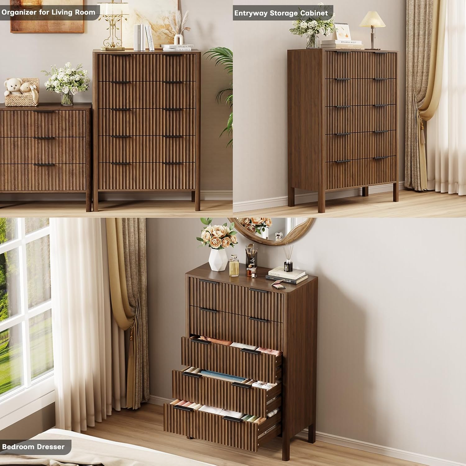47 Inch Tall Dressers for Bedroom Fluted 5 Drawer Dresser, Wooden Dresser Modern Chest of Drawers Dressers with Organizer Storage for Bedroom, Living Room, Entryway, Walnut