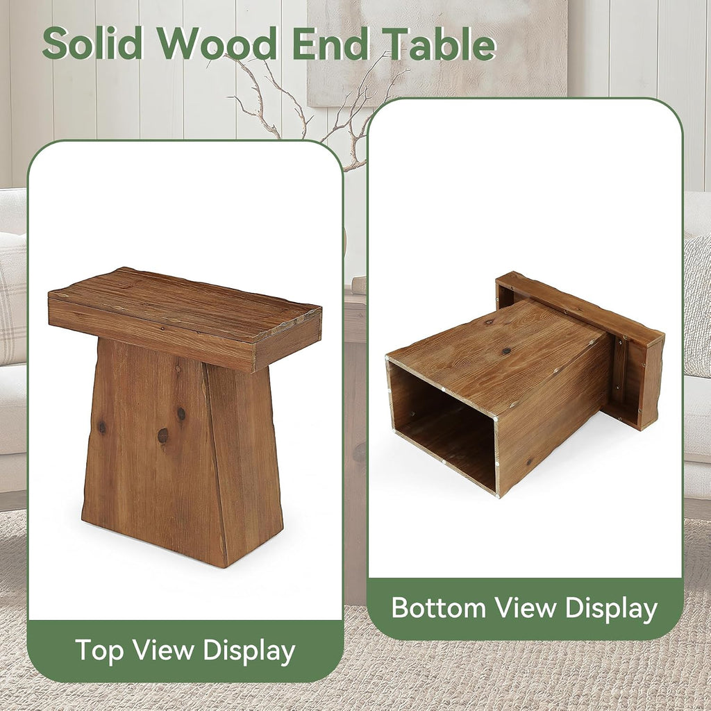 Solid End Table, 23.6" Wood Side Table with Trapezoid Base for Small Space, Living Room, Easy Assembly, Warm Walnut Brown