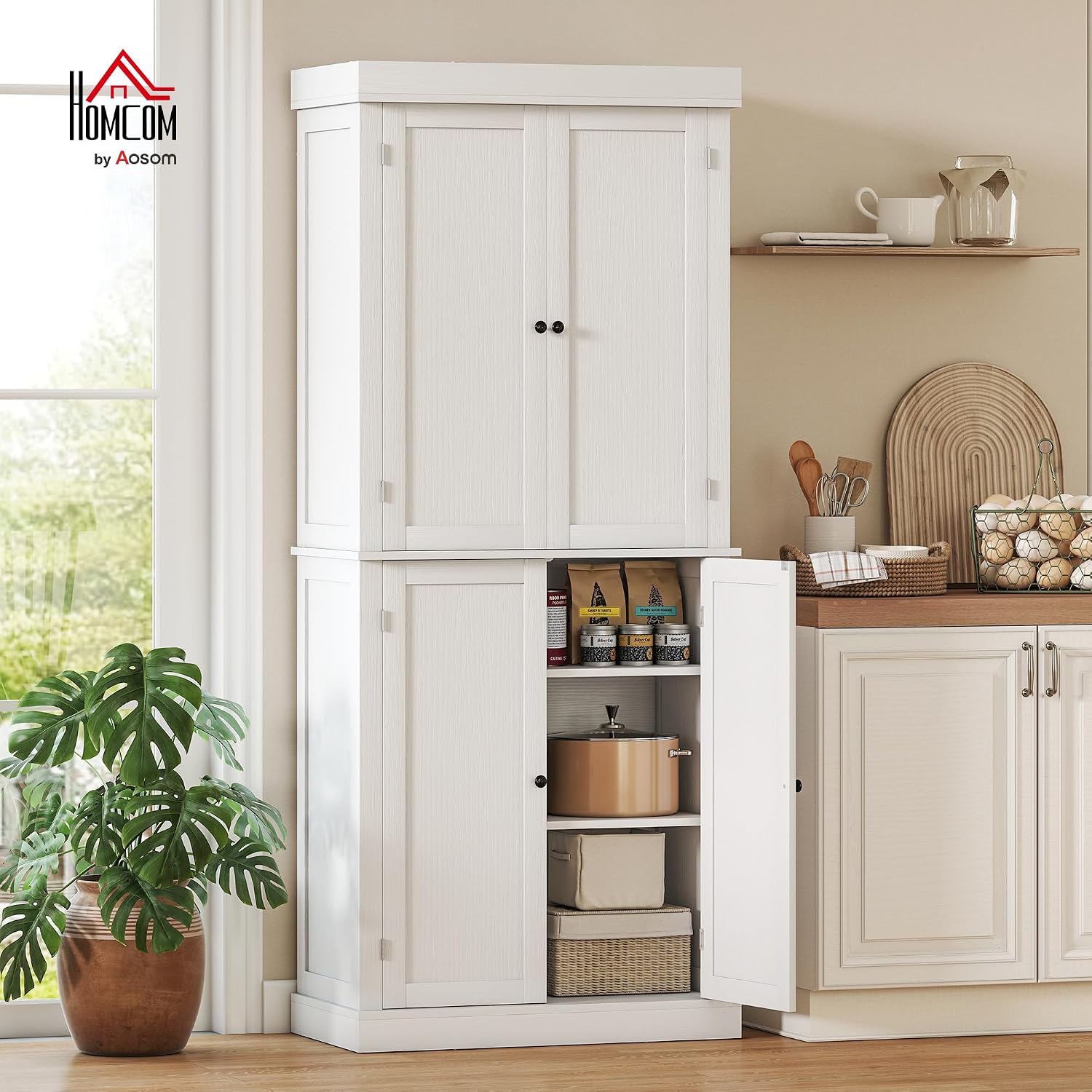 HOMCOM 72.5" Tall Kitchen Pantry Cabinet, Freestanding Modern Farmhouse Kitchen Storage Cabinet with 4 Doors and 2 Adjustable Shelves for Dining Room, White Wood Grain