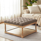 HUIMO 33-inch Large Square Ottoman Coffee Tables for Living Room, Tufted Upholstered Linen Ottoman with Storage Shelf and Solid Legs for Office Bedroom Farmhouse (Brown)