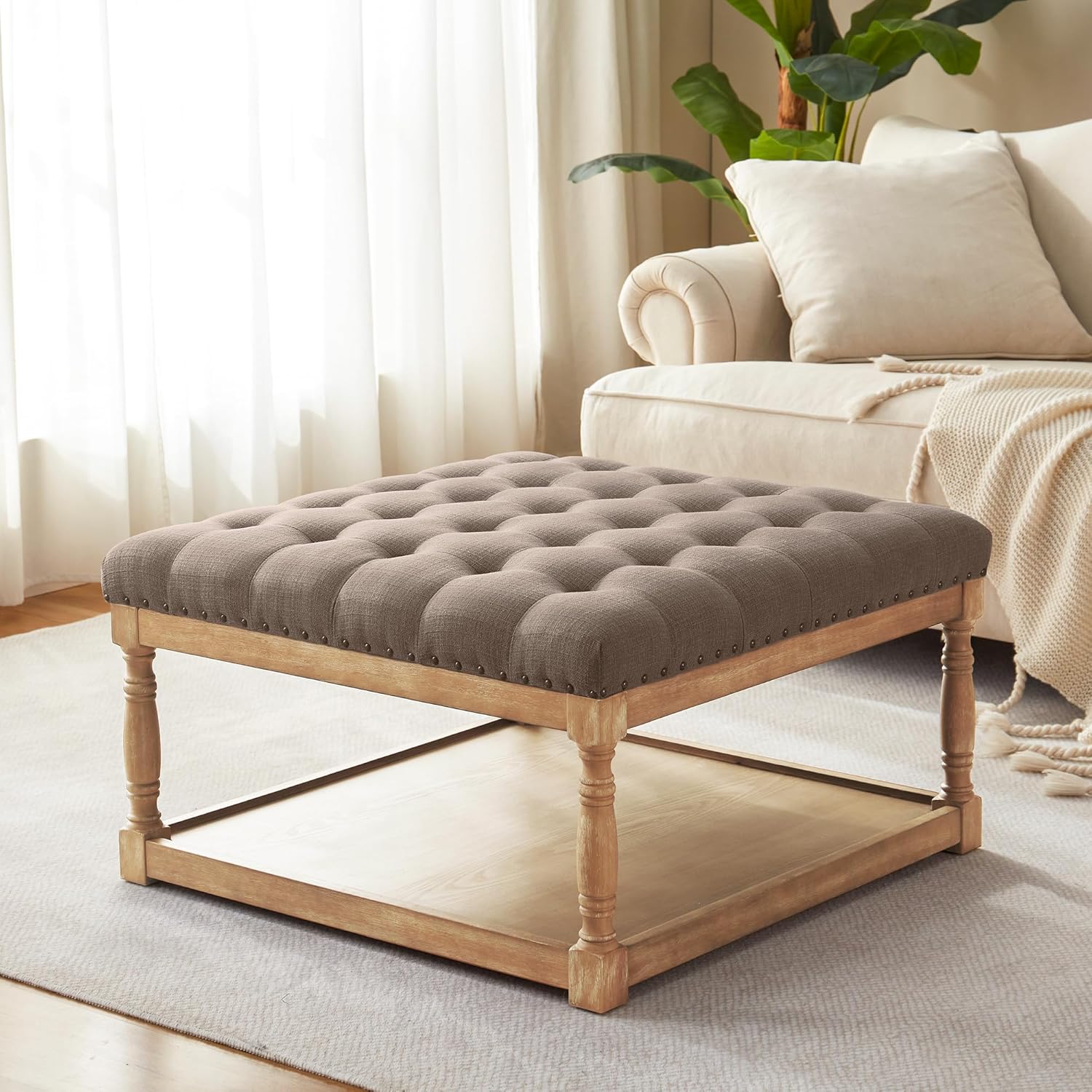HUIMO 33-inch Large Square Ottoman Coffee Tables for Living Room, Tufted Upholstered Linen Ottoman with Storage Shelf and Solid Legs for Office Bedroom Farmhouse (Brown)