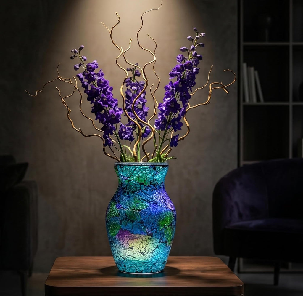 8" Iridescent Crackle Glass Vase, Handmade Deep Teal Green & Violet Mosaic Flower Vase, Dynamic Light-Reactive Art Centerpiece for Home Decor
