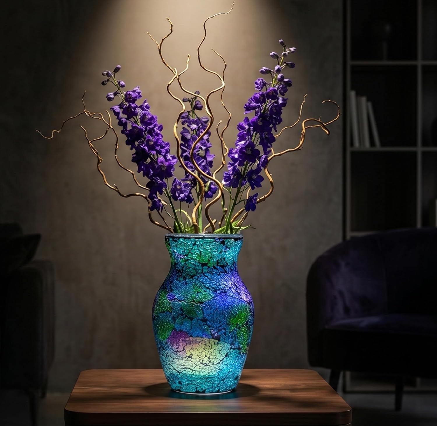 8" Iridescent Crackle Glass Vase, Handmade Deep Teal Green & Violet Mosaic Flower Vase, Dynamic Light-Reactive Art Centerpiece for Home Decor