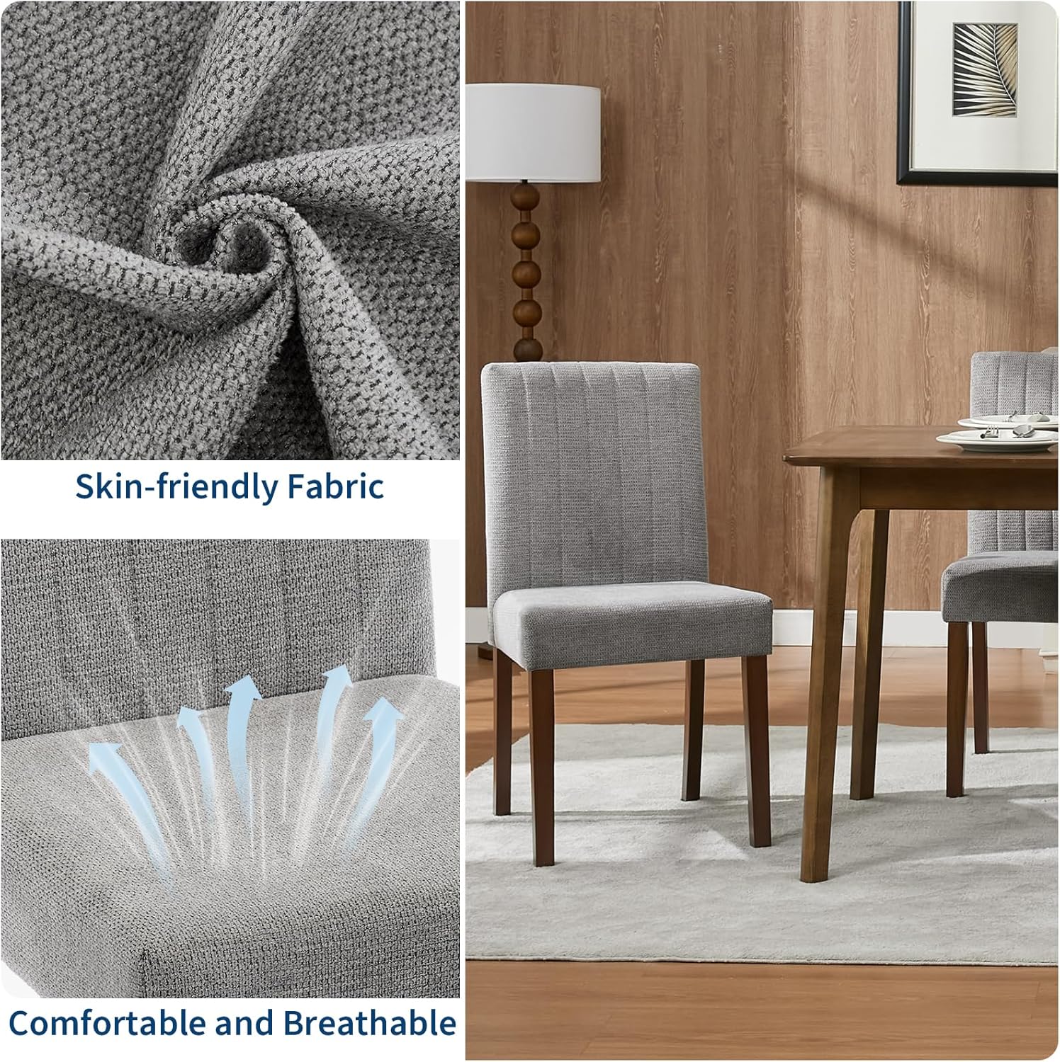 Dining Chairs Set of 4, Upholstered Modern Fabric Kitchen Side Chairs with Sturdy Wood Legs, Parsons Design, Comfortable Soft Linen for Dining Room, Restaurant, Cafe, Gray-Vertical Stripes
