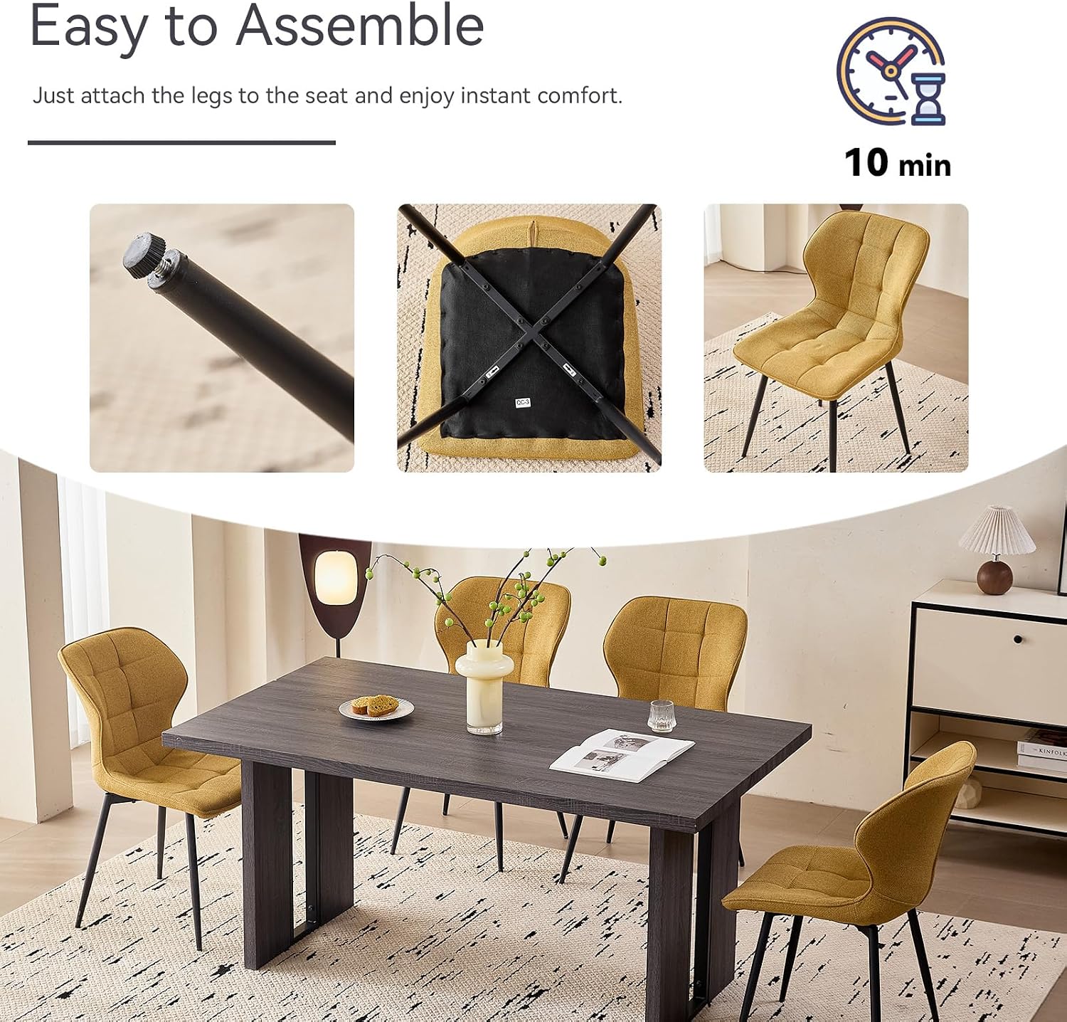 Dining Chairs Set of 4, [Water Resistant Fabric] Modern Upholstered Dining Room Kitchen Chairs with Metal Legs, Yellow (Only Chairs)