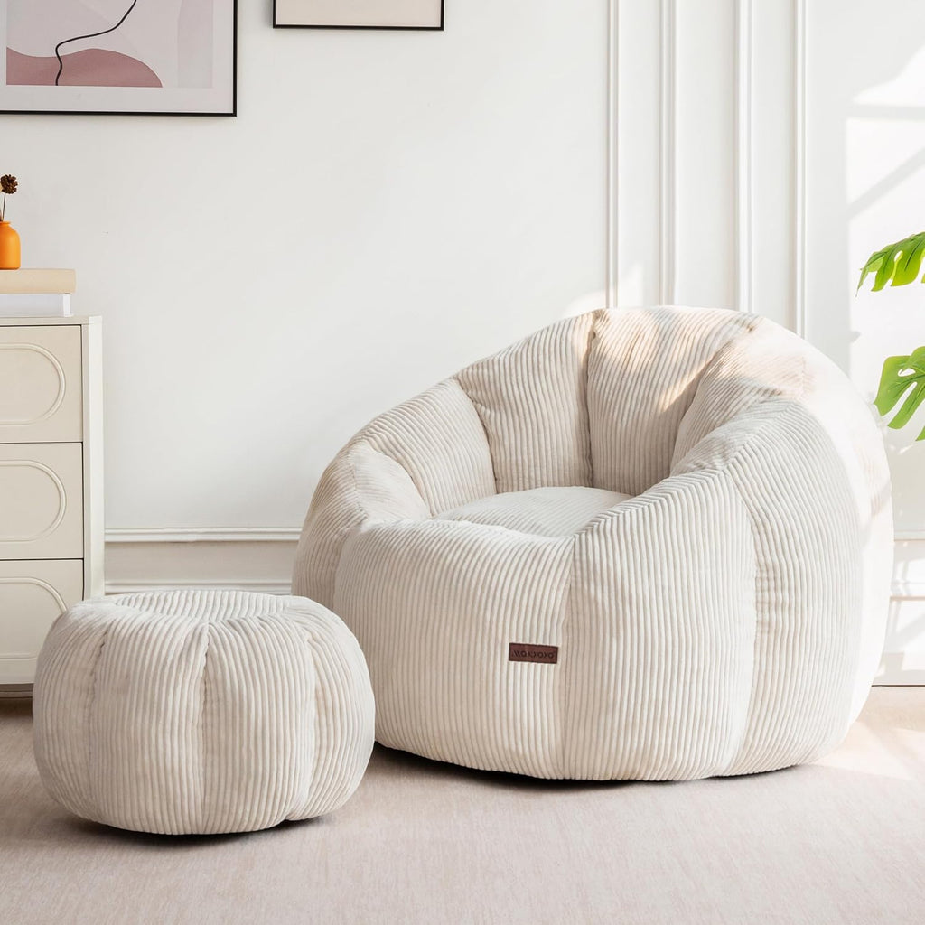 MAXYOYO Bean Bag Chair with Ottoman, Giant Pumpkin Lounge Chair for Adults | Oversized Bean Bag Chair with Footstool, Comfy and Lazy Lounge Boneless Chair for Dorm, Living Room, Bedroom, Beige