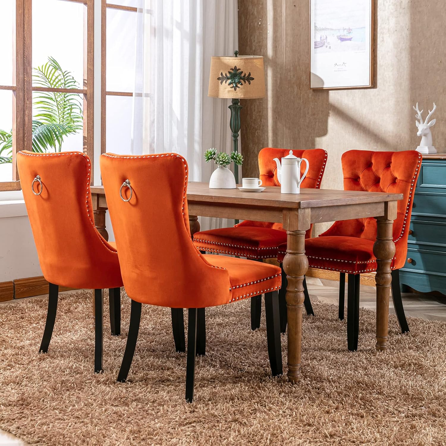 Modern Dining Chairs Set of 4, Tufted Upholstered Dining Chair with Solid Wood Legs, Orange Velvet Accent Chair, Sillas de Comedor, 4 Dining Chairs (Orange, Velvet, 4Pcs)