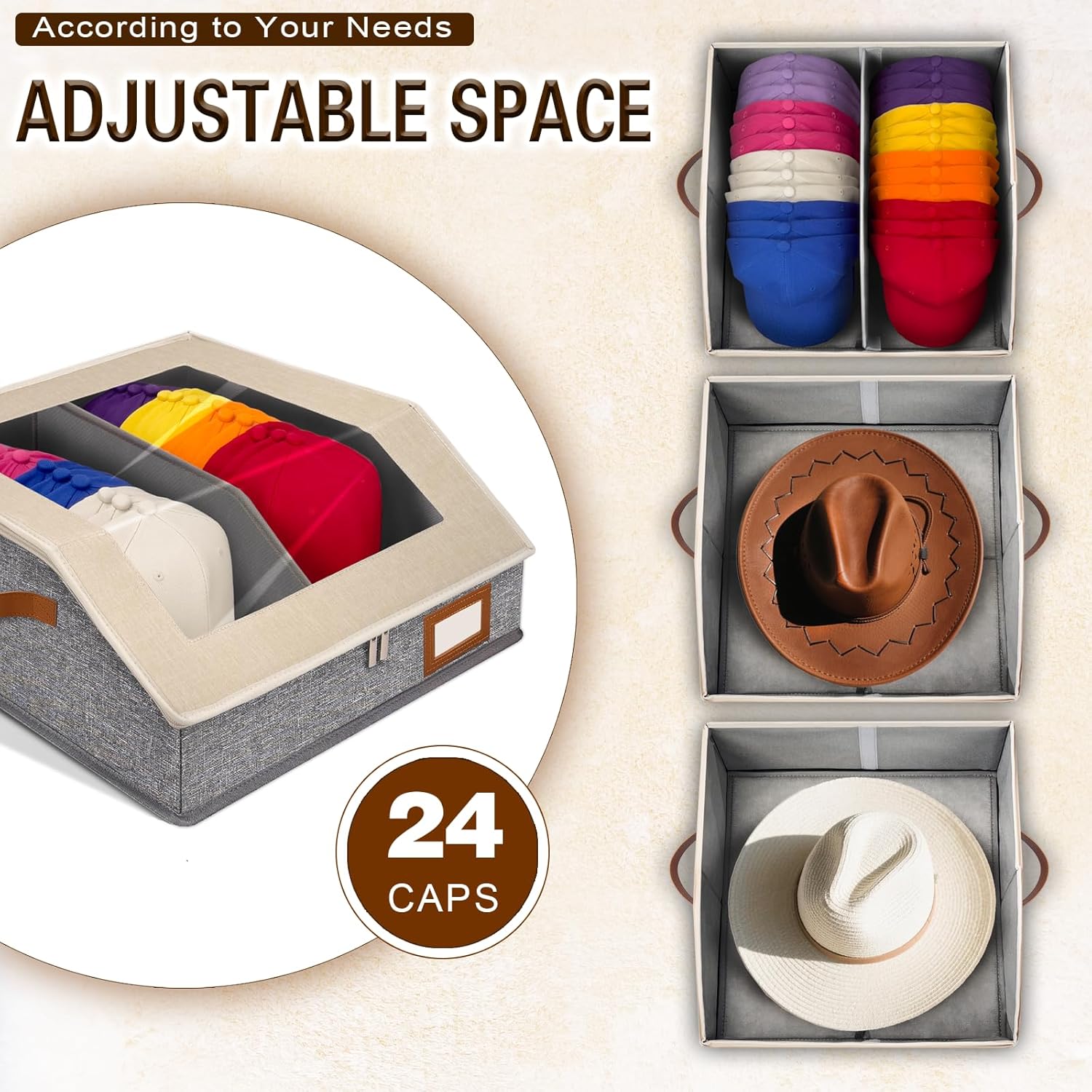 2-in-1 Hat Organizer for Baseball Caps Holds 96-120 Caps Hat Storage with Adjustable Divider Stackable Hats Holder for Closet with Clear lid Cowboy Hat Box for Men Women 4 PCS Beige and Grey