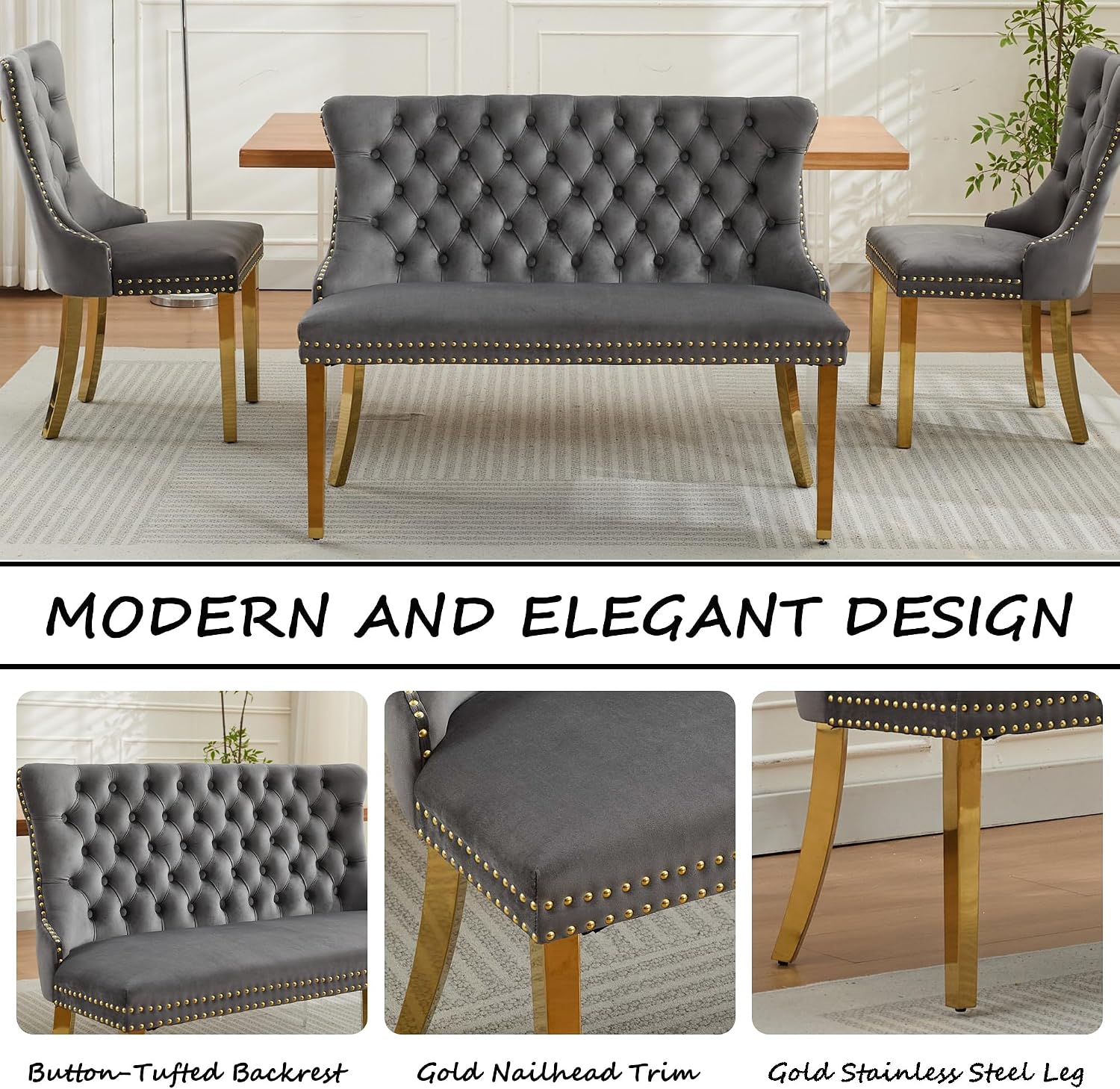 Velvet Upholstered Dining Bench with Back, 45.6'' Tufted Loveseat Bench with Gold Stainless Steel Legs, Mid-Century Modern Banquette Seating for Dining Room, Kitchen, Entryway, Gray