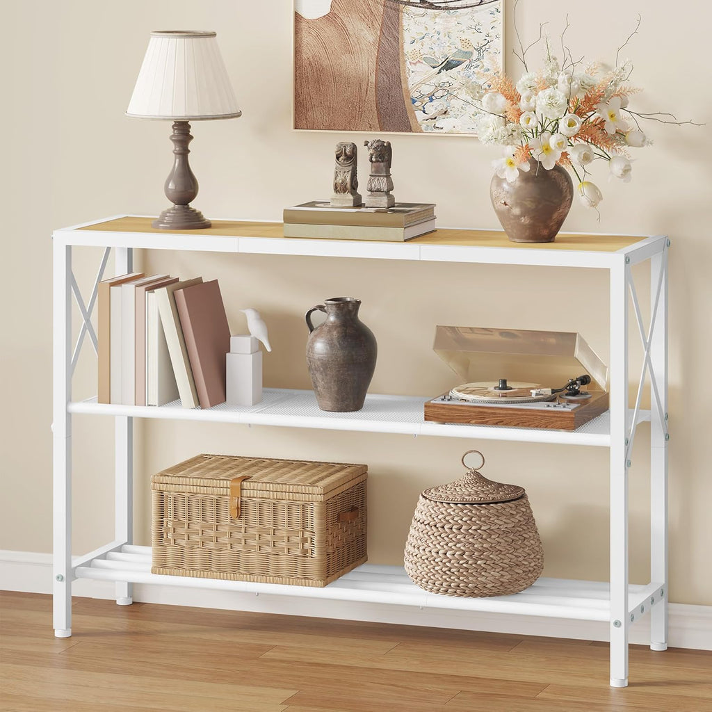 Hoctieon Industrial Console Table, 3 Tier Entryway Tables, Hallway Desk, Narrow Sofa Tables with Shelves, Entrance Table for Entryway, Living Room, Foyer, Hallway, Office, Oak Beige