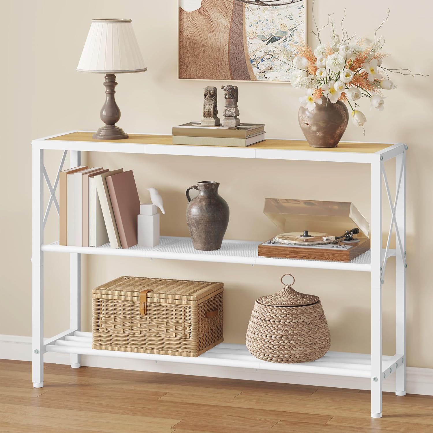 Hoctieon Industrial Console Table, 3 Tier Entryway Tables, Hallway Desk, Narrow Sofa Tables with Shelves, Entrance Table for Entryway, Living Room, Foyer, Hallway, Office, Oak Beige