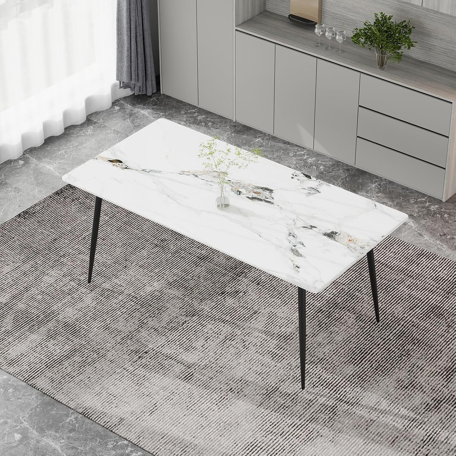 63" Sintered Stone Dining Table, Modern Rectangular Kitchen Table with Carbon Steel Legs for 4-6 Seat, Scratch Heat and Stain Resistant for Dining Room/Restaurant (White w/Black Gold Vein)
