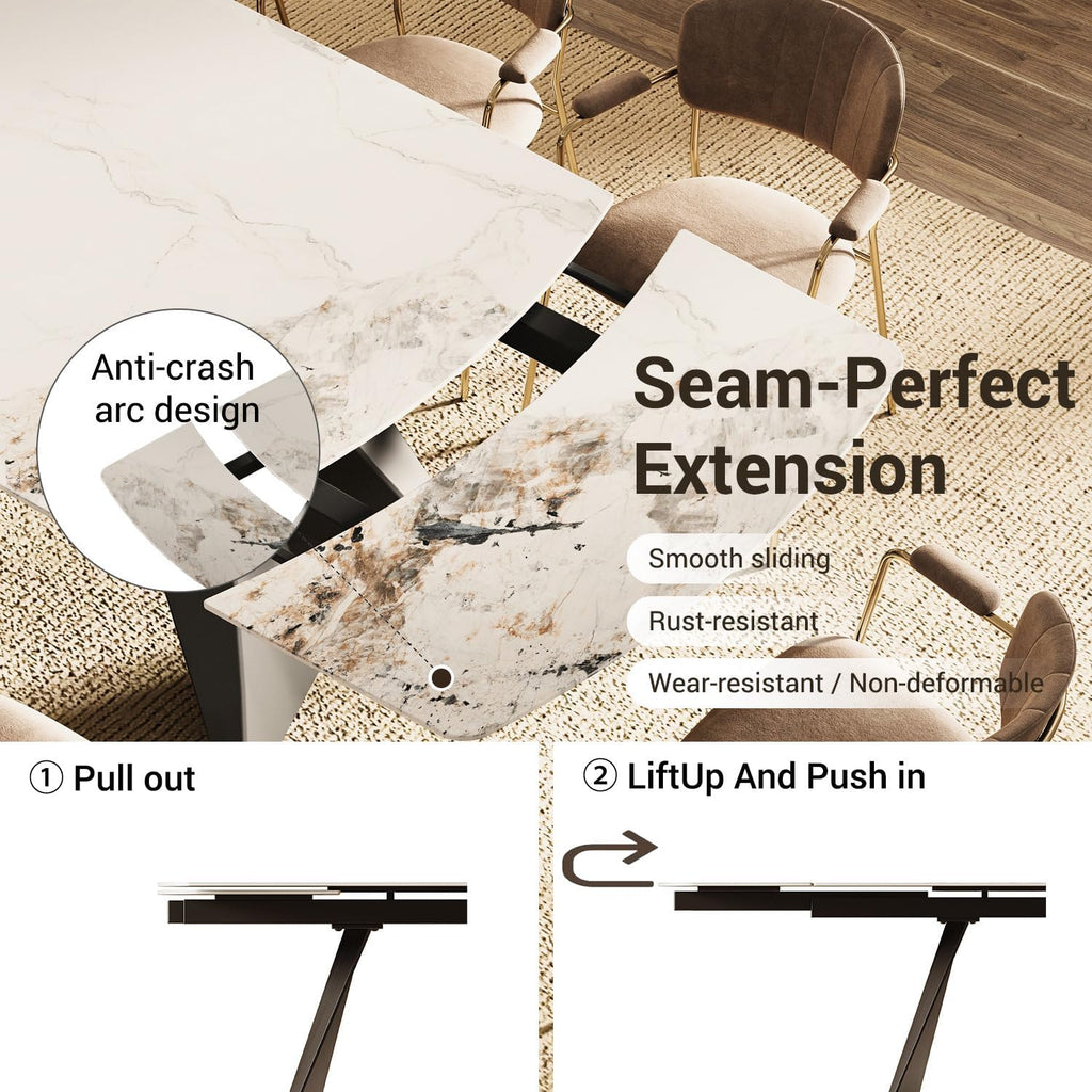 Honyee Extendable Dining Table with Leaf, 78 to 110 Inch Rectangular Sintered Stone, Modern Large Dining Room Table Seats 6 8 10 12, Metal Base, Marble Look for Family Gatherings