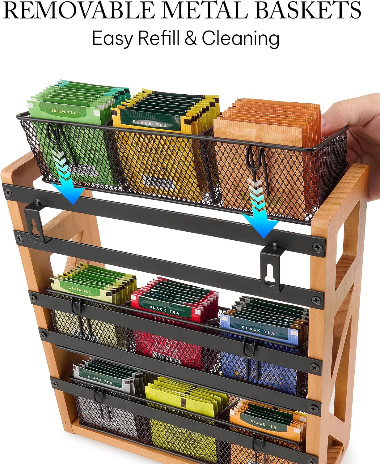 HULISEN Tea Bag Organizer, 3 Tier Tea Bag Holder, Holds Up to 120 Teabags | 9 Removable Compartments, Countertop or Wall Mount Use, Wood Metal Teabag Rack for Coffee Bar Kitchen