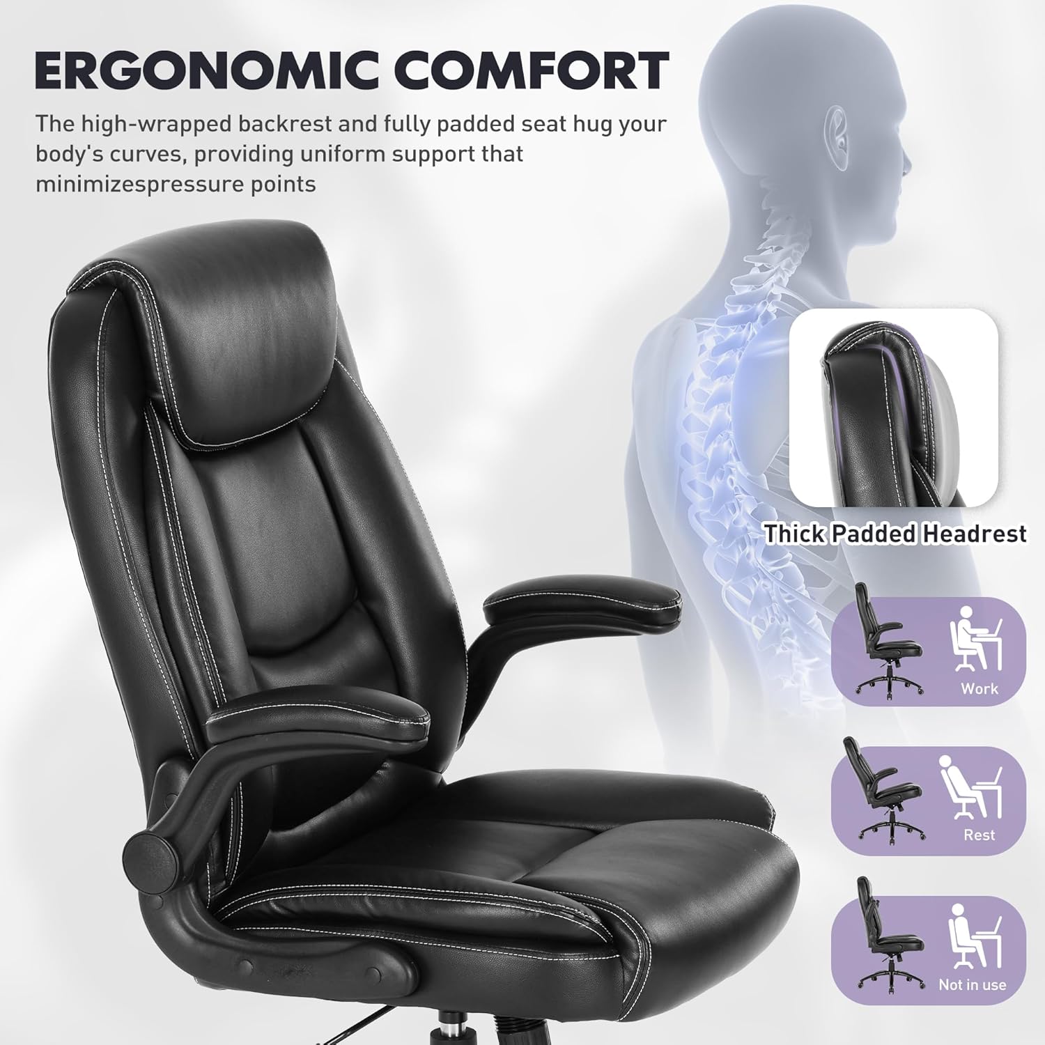 400lbs Capacity Executive Desk Chair with Ergonomic Lumbar Support, Flip-up Arms & High Back Leather Computer Chair for Home/Office, Black