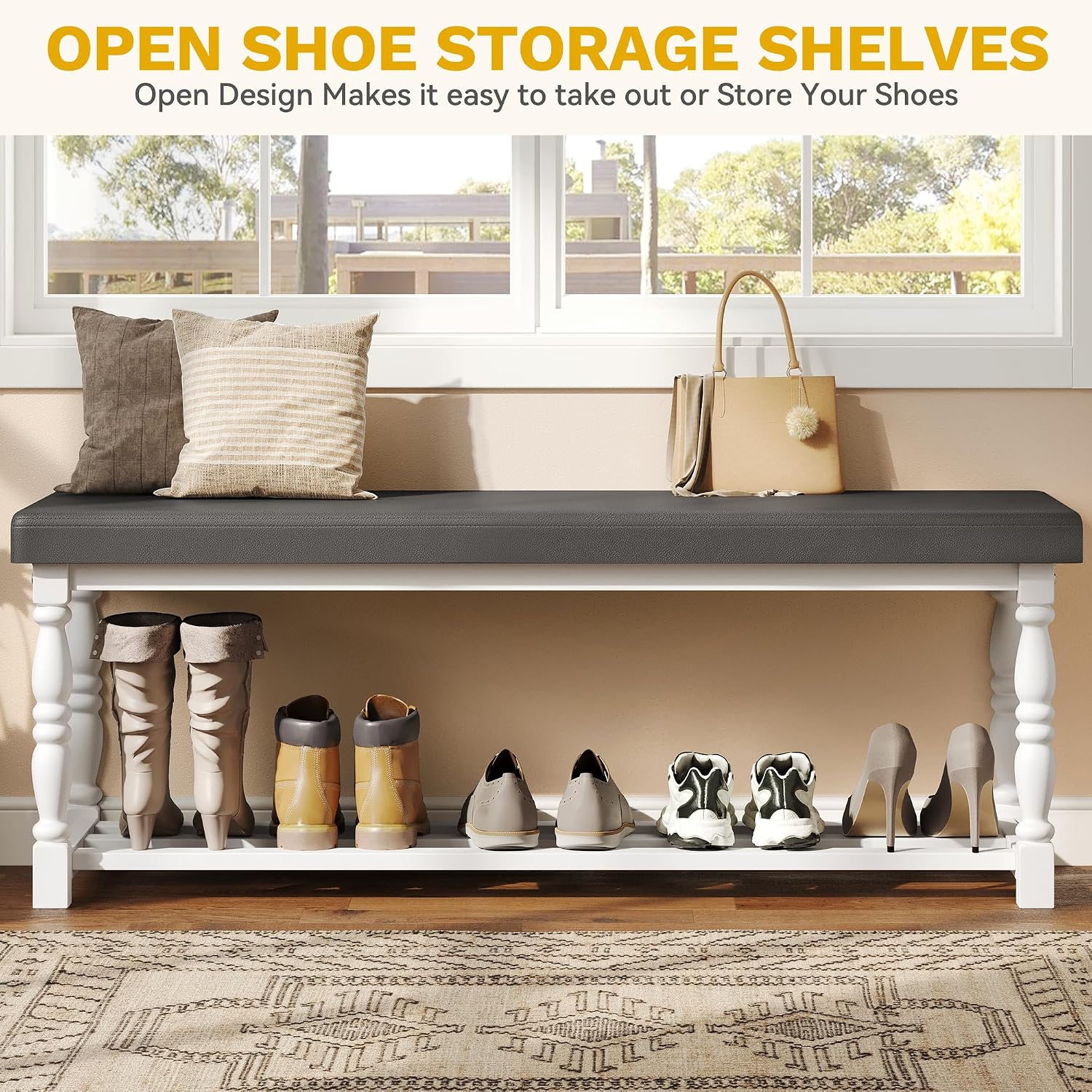 YITAHOME 48 Inch Entryway Bench, Storage Bench with Metal Shelf & Cushioned Seat, Indoor Shoe Rack Bench Seat for Dressing Room, Bedroom, Hallway, Entrance, Grey & White