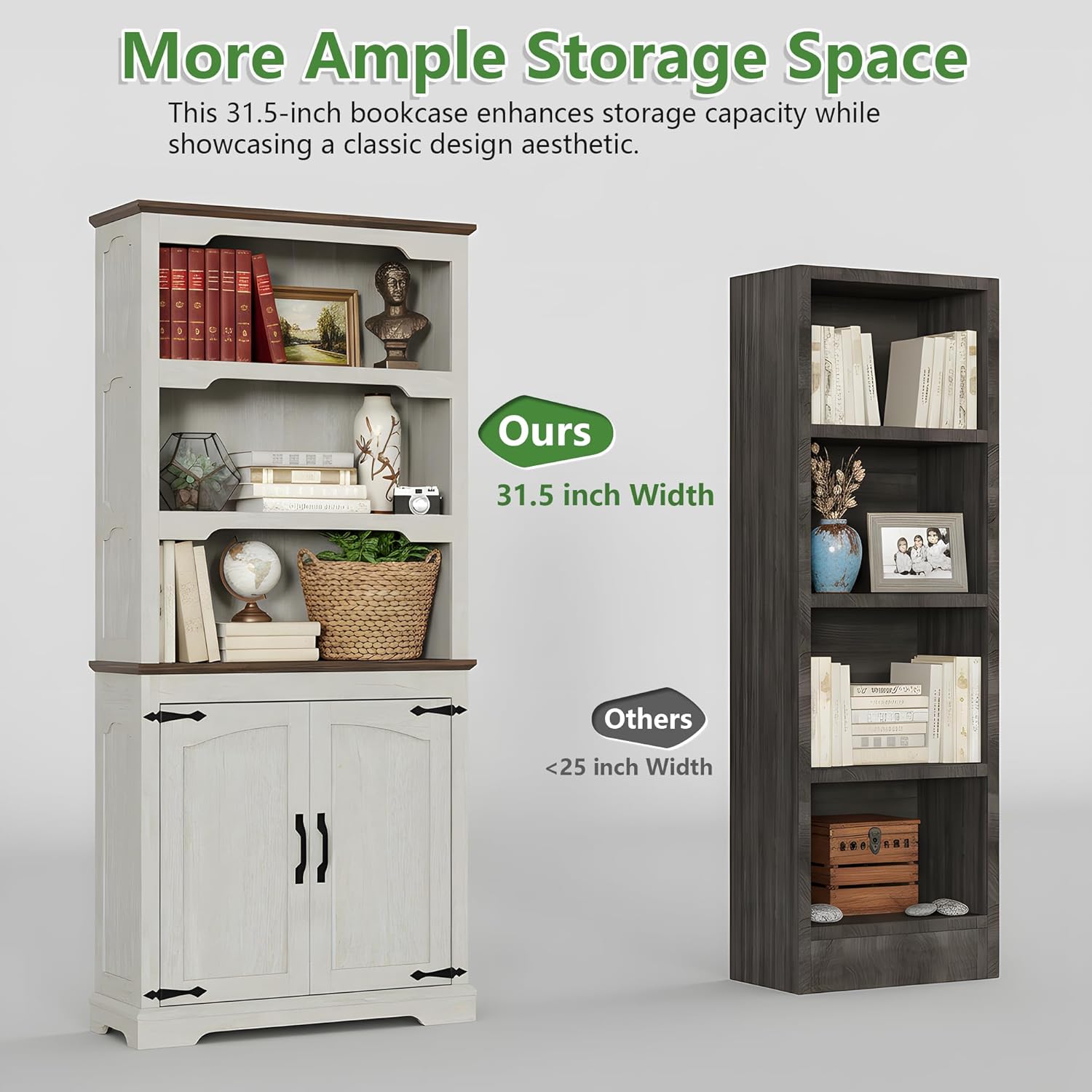 70 Inches Farmhouse Bookcase Bookshelf, Two-Tone Shelves, 5 Tier Bookshelf with Door Storage Arched Trim, Home Office Living Room Storage Cabinet (Distressed White & Walnut, Doors Storage)