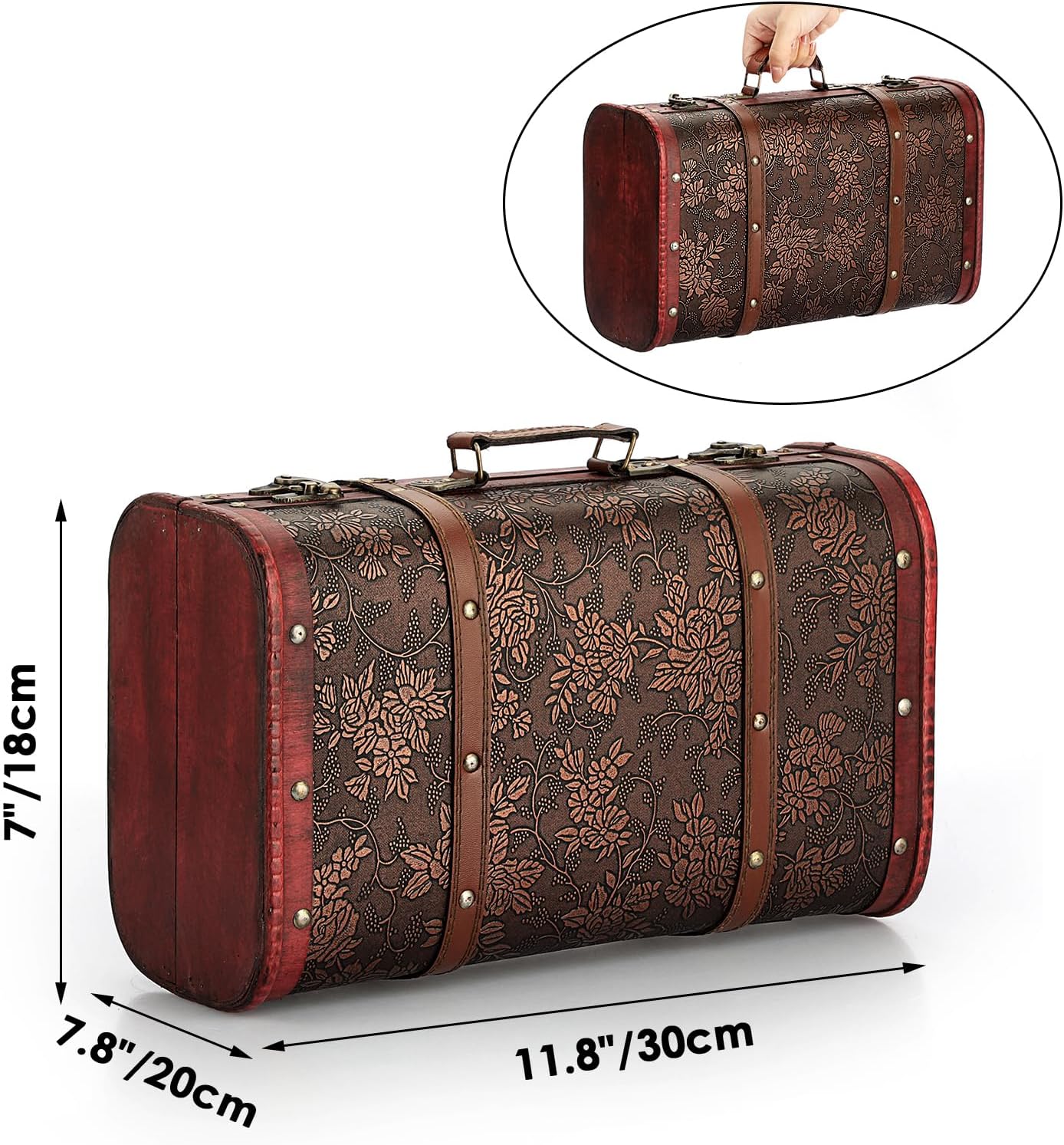 ELLDOO Vintage Wooden Storage Chest, Portable Decorative Luggage Suitcase With Grape Pattern, Pirate Treasure Keepsakes Box for Gifts, Decor and Travel