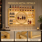 Wine Rack Wall Mounted with LED Lights - 3 Tier Metal Liquor Bottle Display Shelf with Glass Holder, Modern Home Bar Decor for Kitchen and Dining Room (Gold, 39.4 Inch)