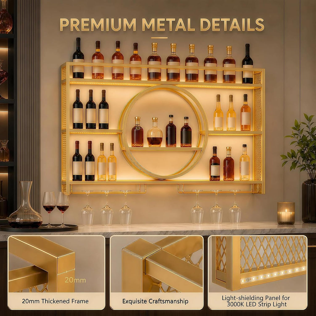 Wine Rack Wall Mounted with LED Lights - 3 Tier Metal Liquor Bottle Display Shelf with Glass Holder, Modern Home Bar Decor for Kitchen and Dining Room (Gold, 55.1 Inch)