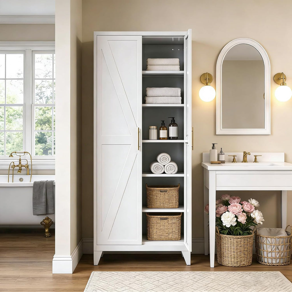75.3" H Kitchen Pantry Cabinet with 5 Adjustable Shelves, Farmhouse Metal Pantry Cabinet with 2 Doors for Kitchen Home, Assembly Required,White