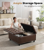 Tbfit Large Square Storage Ottoman Bench, Tufted Upholstered Coffee Table Ottoman with Lift Top & Solid Wood Legs, Oversized Storage Ottomans Toy Box for Living Room (Dark Brown)
