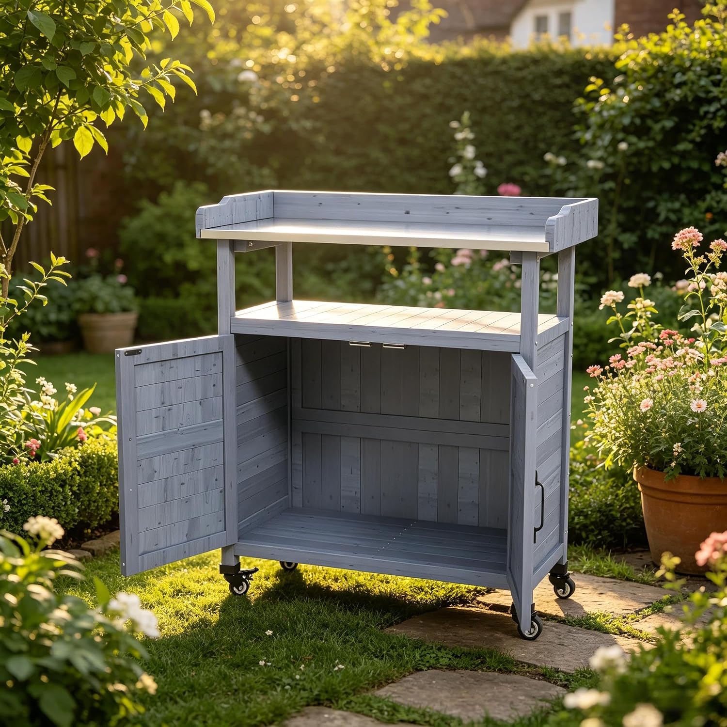 Backyard Storage Cabinet Wooden Outdoor Patio Storage Cabinet Rolling Potting Bench with Wheels Country Garden Potting Table Workstation