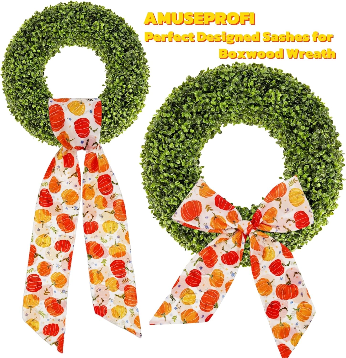 2Pcs Boxwood Wreath Sashes, Perfect Fall, Halloween, Christmas, Thanksgiving Decor, Wreath Satin Sash for Embroidery Monogram, Water Proof, No Fading, No Fear of Sun, Rain, Wind, Designed for Outdoor