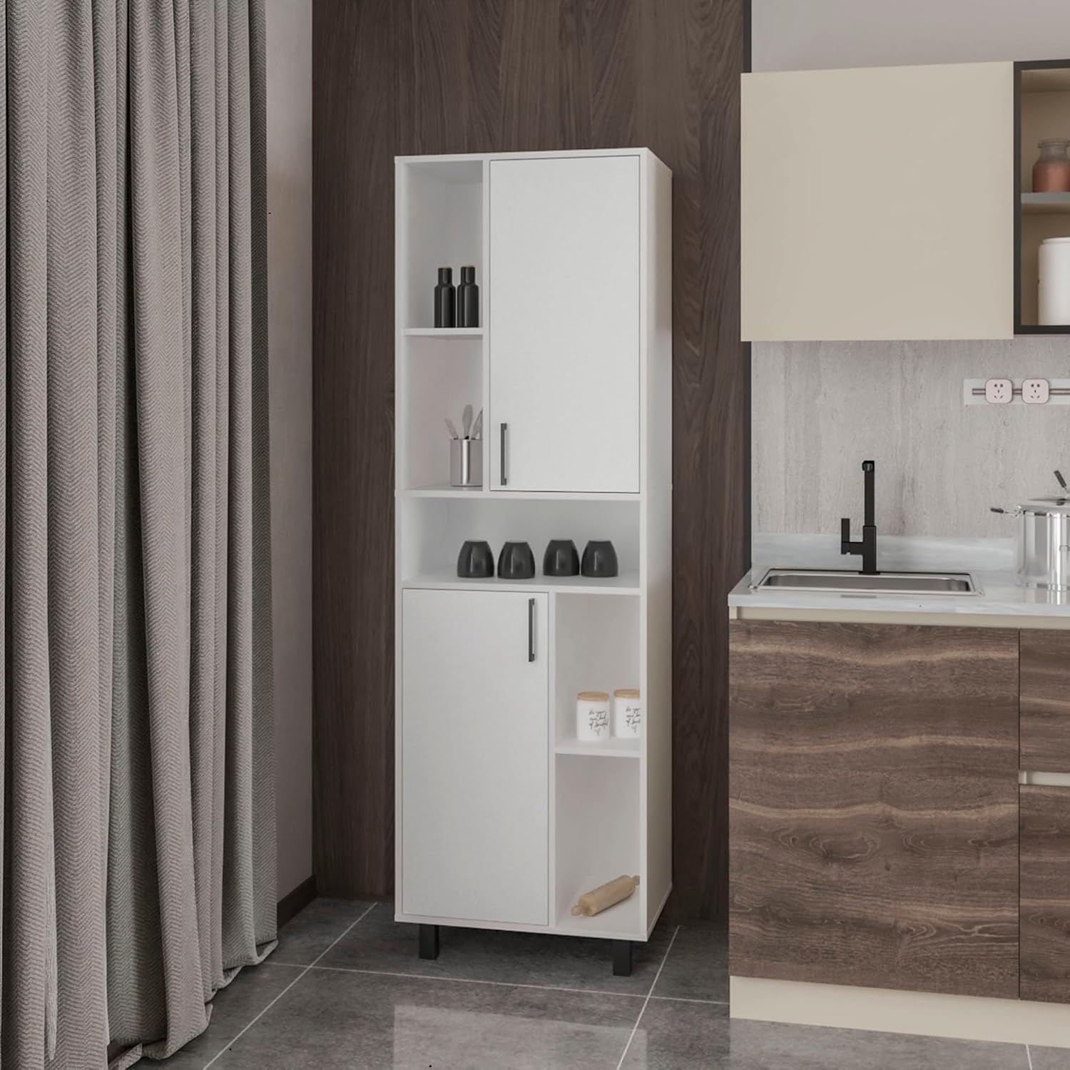 White Kitchen Pantry with Open Storage and 2 Doors,for Kitchen