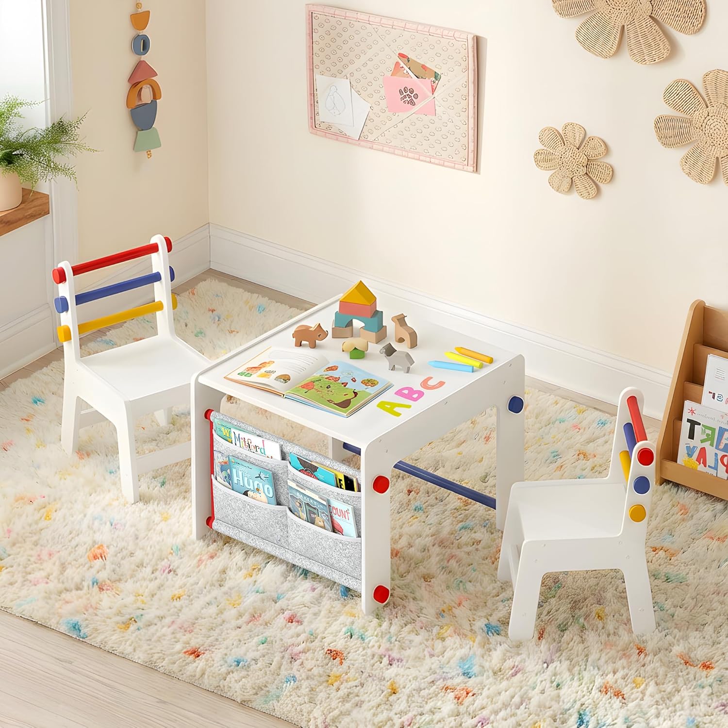 DOREROOM Kids Table and Chair Set 4-in-1 with Storage, Wooden Activity Table for Crafts, Arts, Drawing, Reading, Toddler Furniture for Playroom, Nursery, Gift for Boys & Girls (Age 3+)
