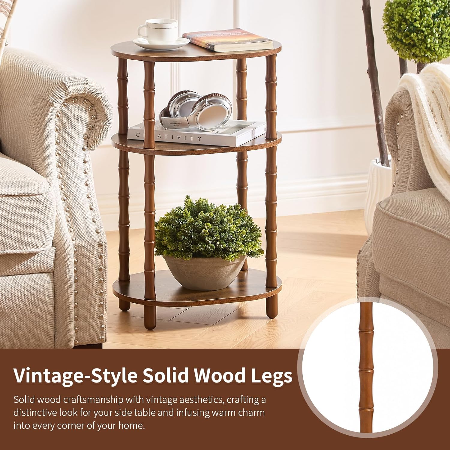 Side Table, 3-Tier Oval Accent Small End Table, Modern Oval Nightstand Accent Table for Small Space, Bedrooms, Living Room, Easy to Assemble, Rustic Brown