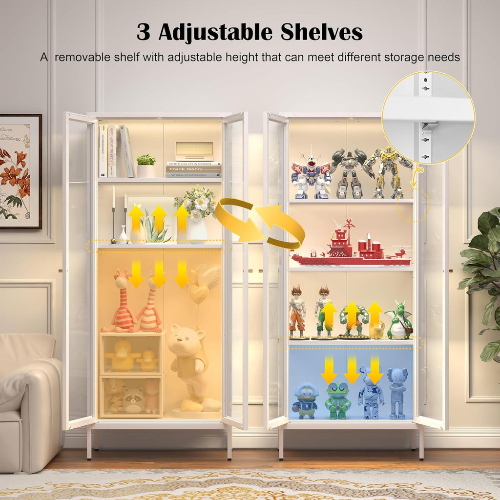 66"Glass Display Cabinet with 3 Color LED Lights,Metal Curio Cabinet with Glass Doors,4-Tier Display Case for Collectibles,Trophy,Plant,White Storage Cabinets For Living Room - Assemble Required