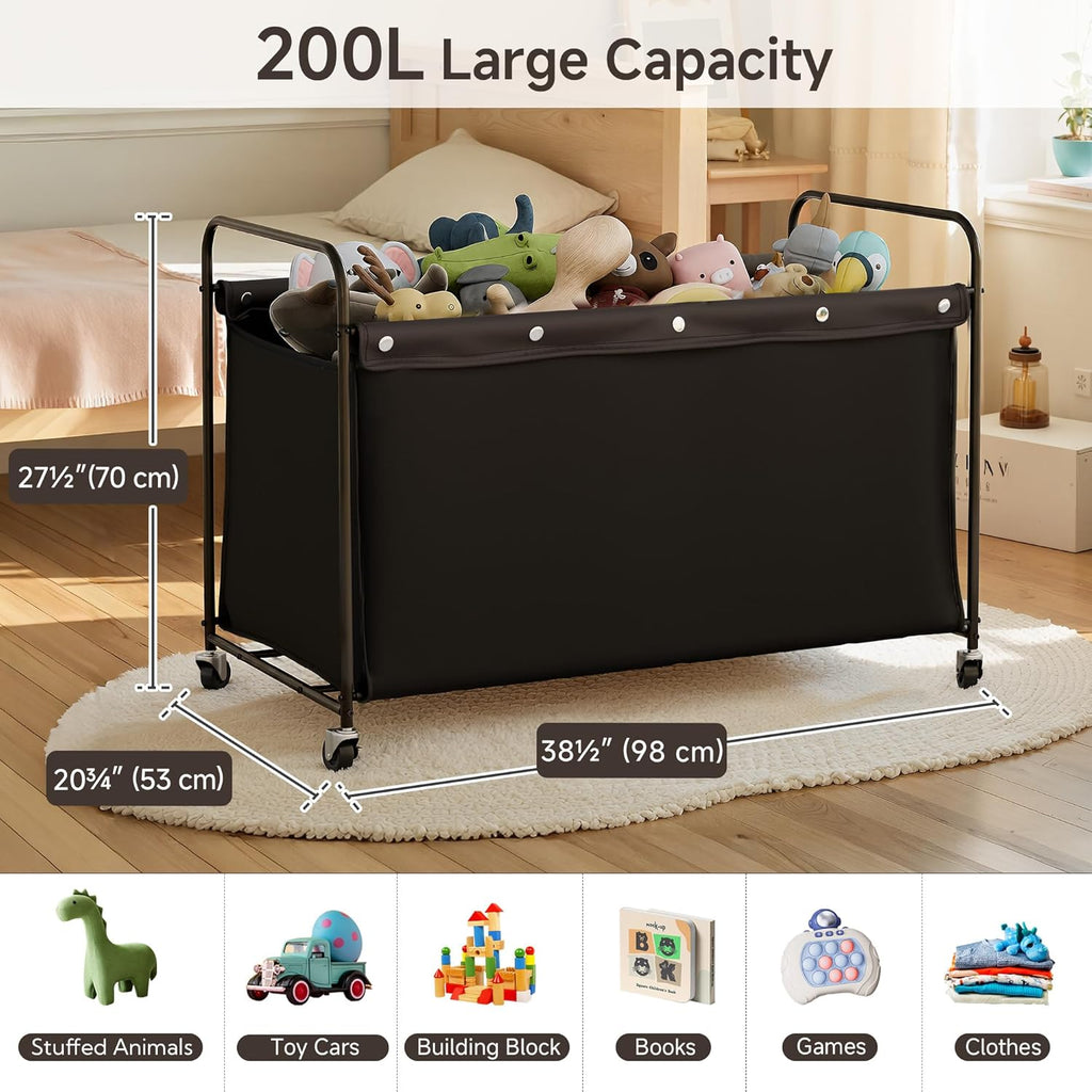 StorageWorks Toy Box with Wheels for Kids, 200L Extra Large Toy Storage Chest and Organizer, 27.5" Metal Toybox with 360° Swivel Wheels for Bedroom, Kids Room, Stuffed Animal Storage, Black