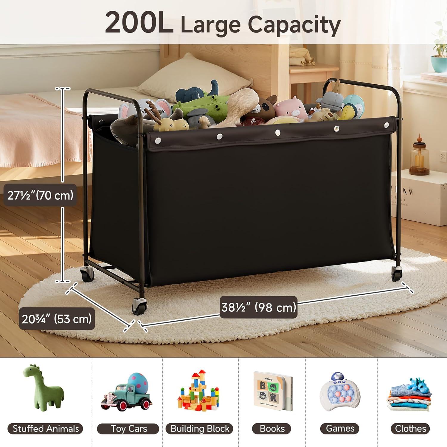 StorageWorks Toy Box with Wheels for Kids, 200L Extra Large Toy Storage Chest and Organizer, 27.5" Metal Toybox with 360° Swivel Wheels for Bedroom, Kids Room, Stuffed Animal Storage, Black