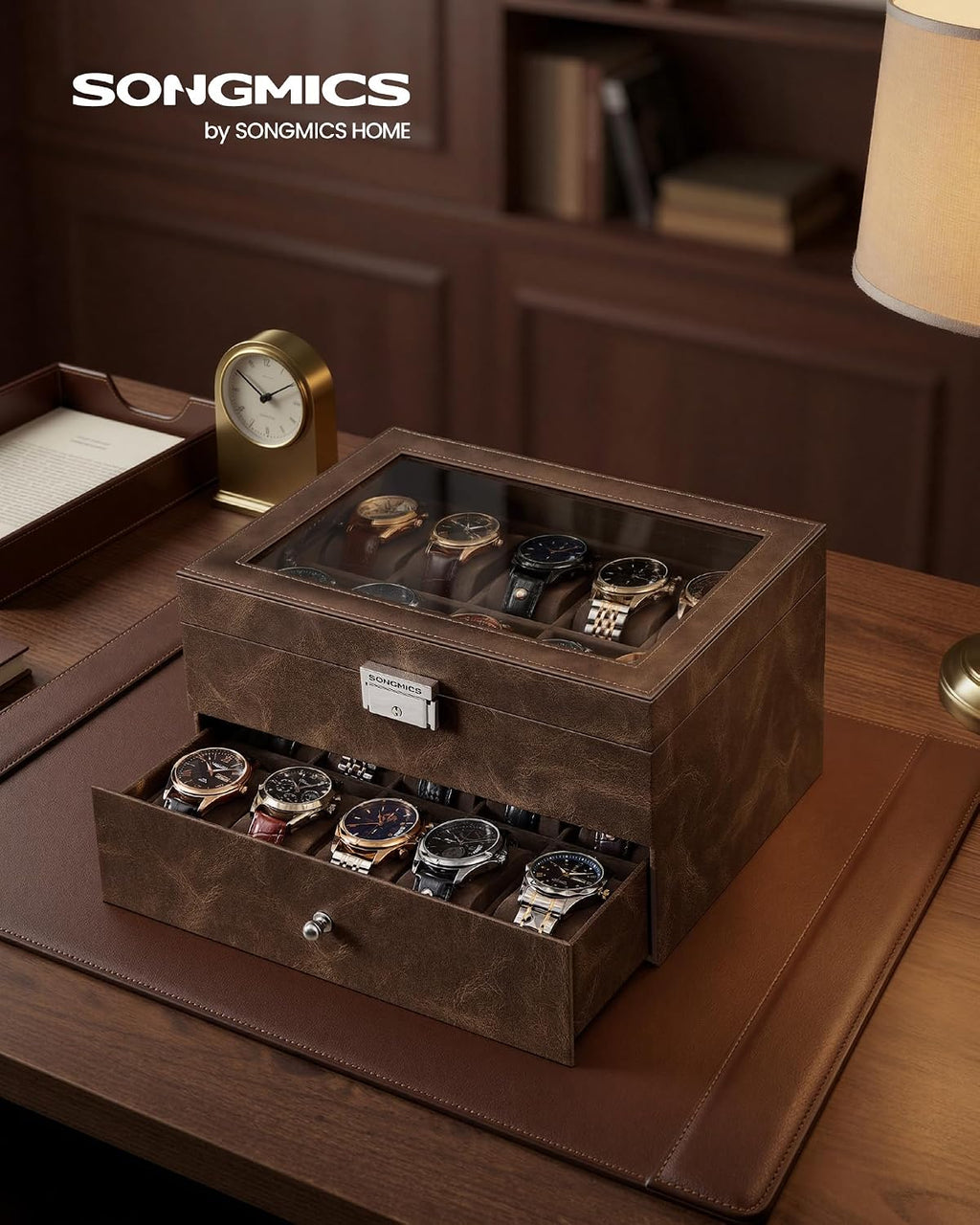 SONGMICS Watch Box, 20-Slot Watch Case Organizer with Large Glass Lid, Removable Pillows, Metal Lock, Fathers Day Gift for Dad, Coffee Brown Synthetic Leather, Coffee Brown Lining UJWB020KZ02S