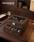 SONGMICS Watch Box, 20-Slot Watch Case Organizer with Large Glass Lid, Removable Pillows, Metal Lock, Fathers Day Gift for Dad, Coffee Brown Synthetic Leather, Coffee Brown Lining UJWB020KZ02S