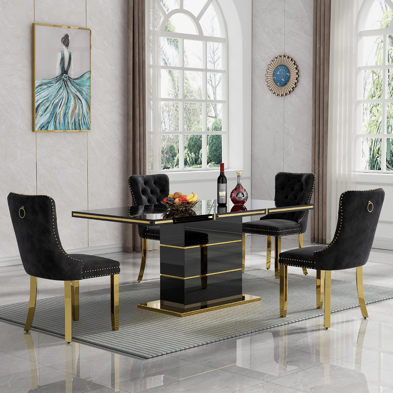 Henf 70" Black Dining Table for 4 6, Modern Glossy Kitchen Table with 1.5" Thick Lacquered Tabletop and Gold Stainless Steel Trim, Luxury Rectangular Dinner Tables for Dining Room