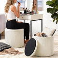 Vanity Stool Set of 2 - Round Storage Ottoman with Lid, Velvet Footrest Pouf for Makeup Room & Living Room, Multi-Use Small Chair with Hidden Storage（Beige）