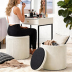Vanity Stool Set of 2 - Round Storage Ottoman with Lid, Velvet Footrest Pouf for Makeup Room & Living Room, Multi-Use Small Chair with Hidden Storage（Beige）