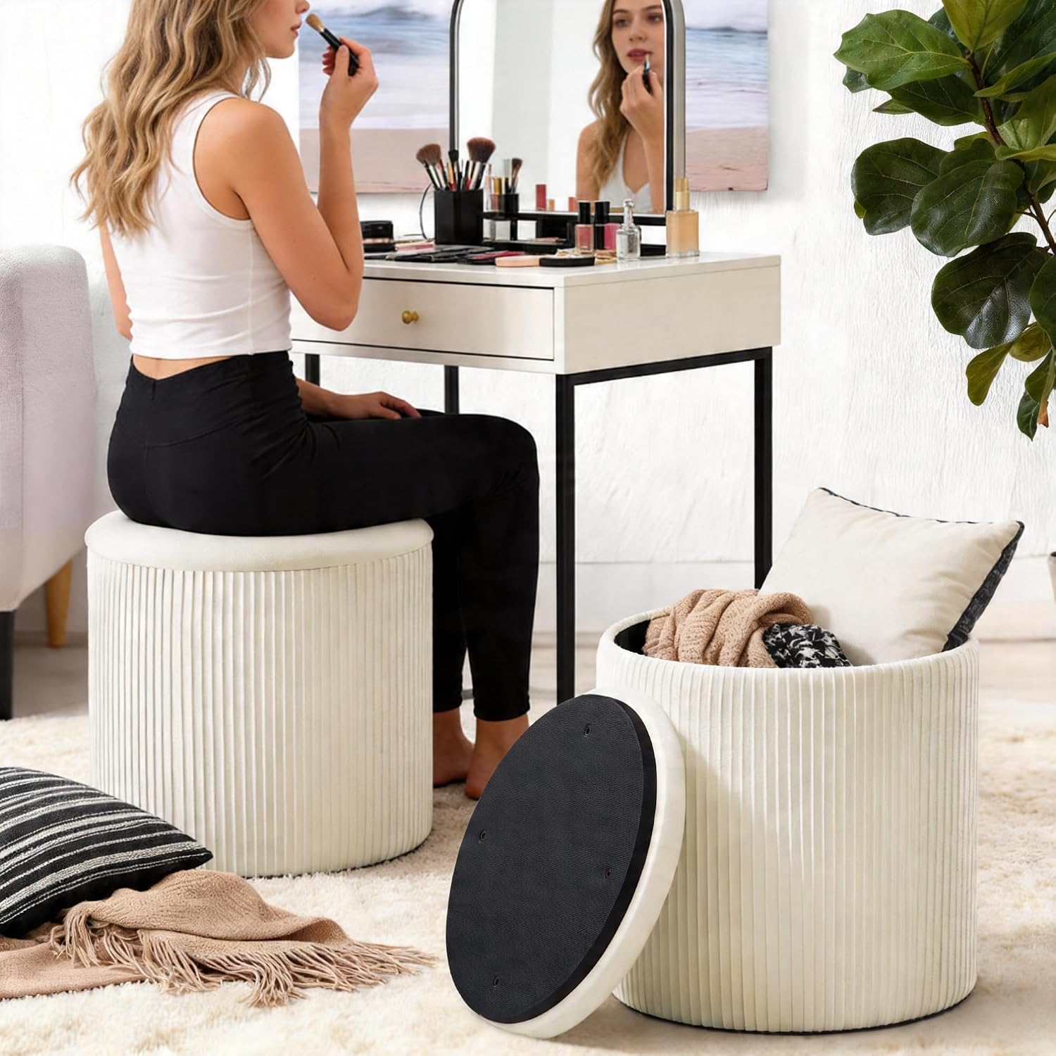 Vanity Stool Set of 2 - Round Storage Ottoman with Lid, Velvet Footrest Pouf for Makeup Room & Living Room, Multi-Use Small Chair with Hidden Storage（Beige）