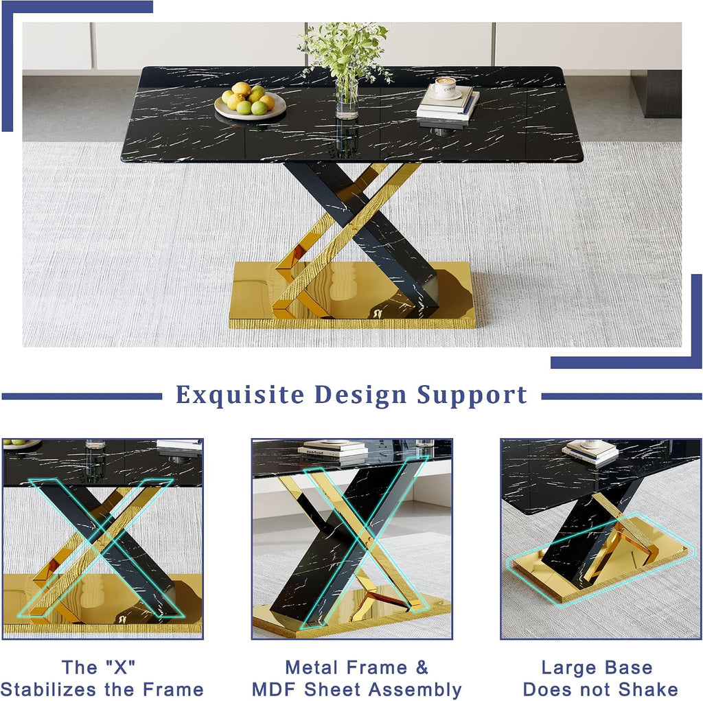 YUNDREAM Modern Marble Dining Table Set for 4,Black Gold 63'' Dining Room Table with Chrome Plated X-Shaped Frame and White Leather Dining Chairs,Easy Assemble,Kitchen Table and Chairs for Dining Room