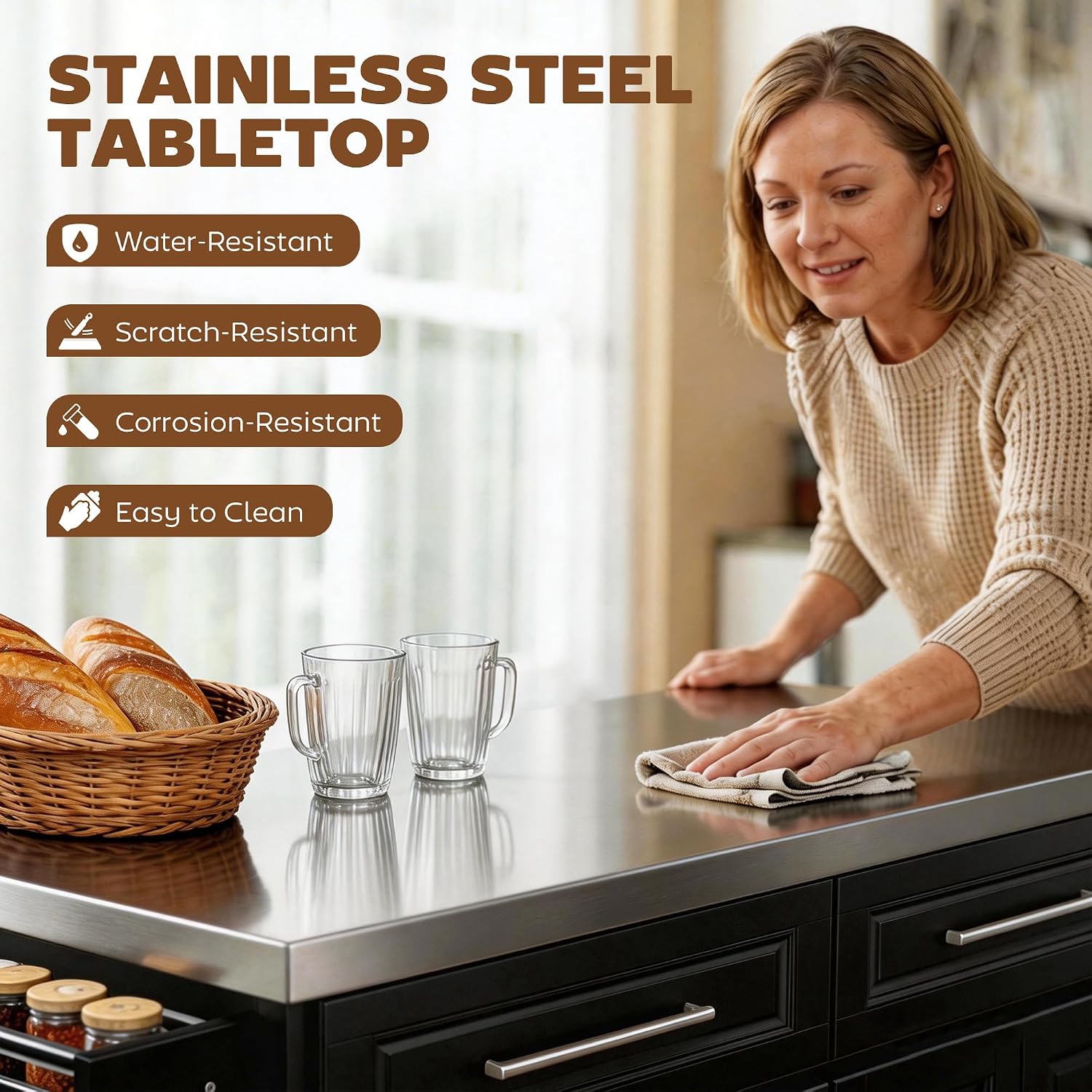 HOMCOM Rolling Kitchen Island Cart with 47" Stainless Steel Top Black | Portable Island Table for Kitchen, Wheels, Adjustable Shelves, 2 Drawers, Spice, Knife and Towel Rack